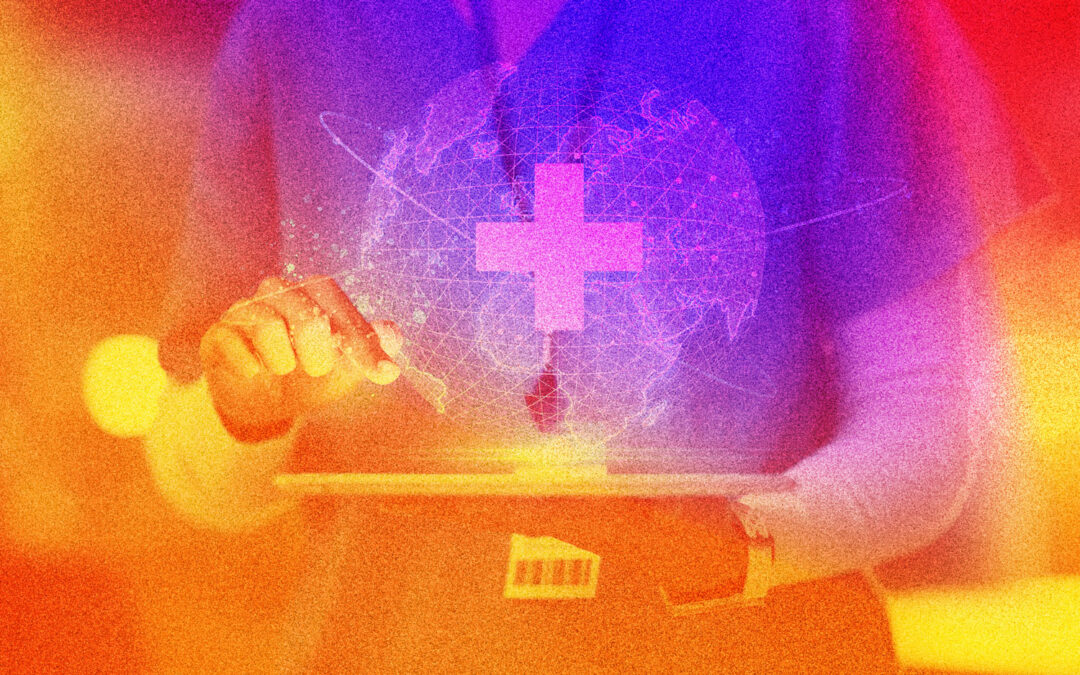 Colorful image of person at computer with medical cross.